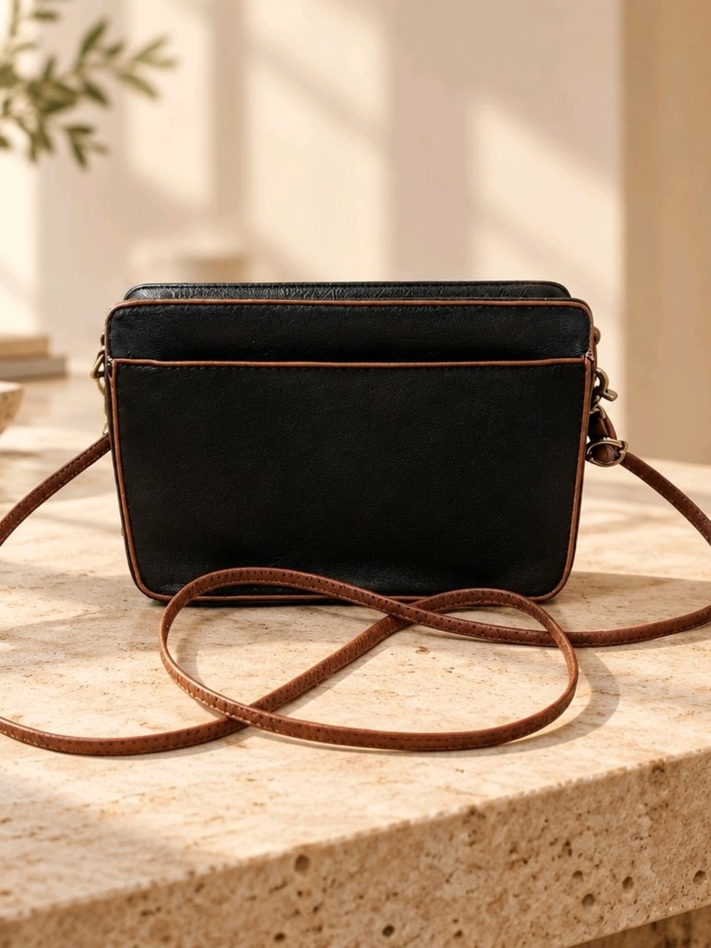 Roots Black Pebbled Leather Crossbody Bag with Brown Contrast Strap